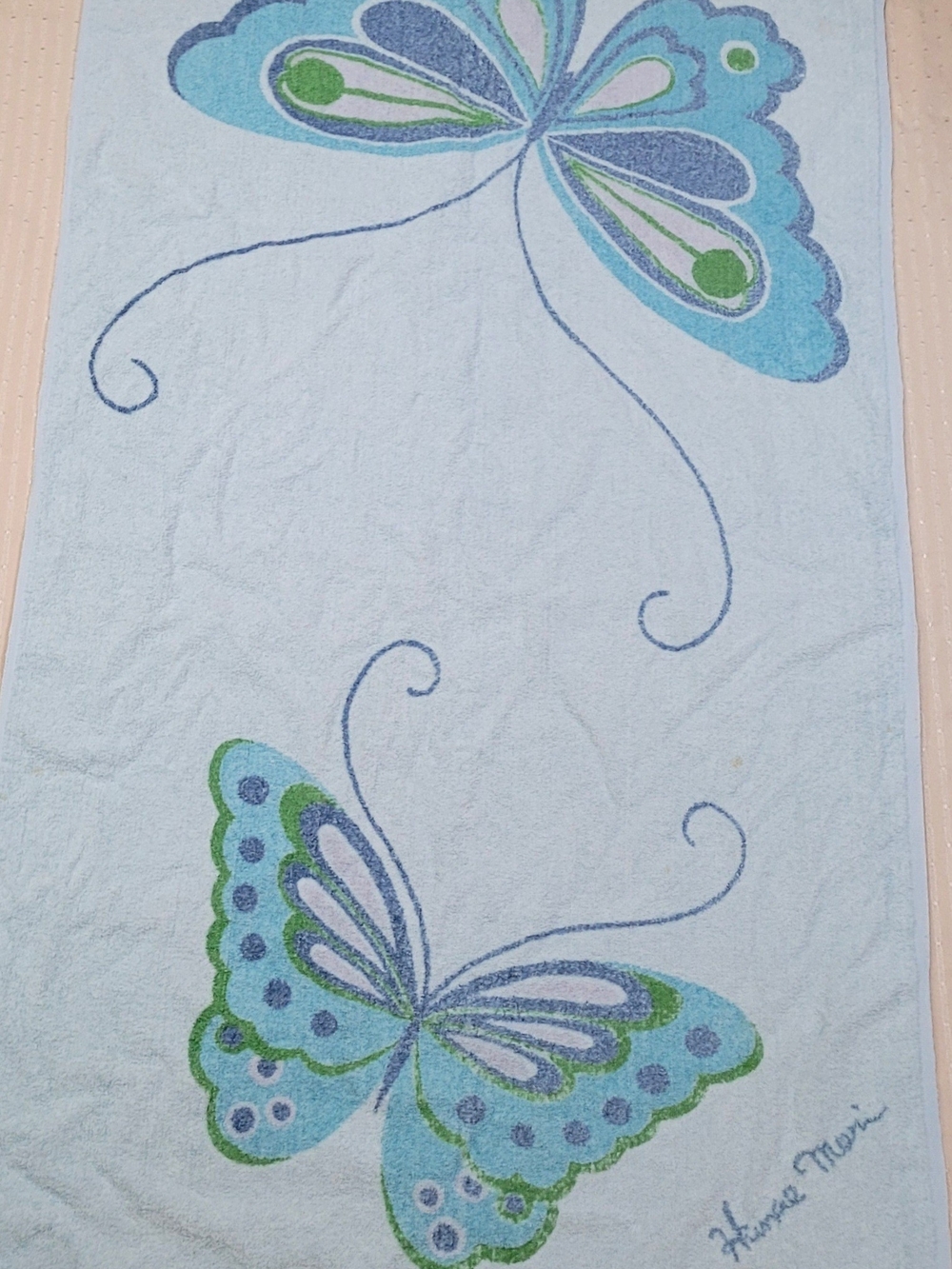 Vintage 1970s Hanae Mori, Martex Butterfly Bath / Beach Towel 26x49 Inches
